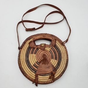 Vintage Rattan Leather Round Boho Crossbody Handbag 9 Inch 20 Inch Strap Brown